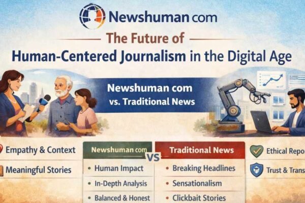 A high-resolution image of Newshuman com logo showing human-centered journalism, emphasizing empathy and context over speed and sensationalism.