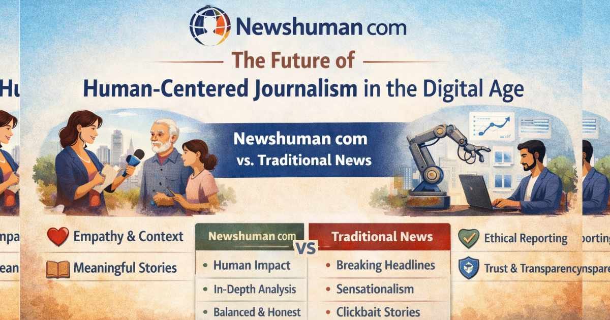 A high-resolution image of Newshuman com logo showing human-centered journalism, emphasizing empathy and context over speed and sensationalism.