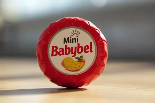 Babybelletje mini cheese snack wrapped in red wax showing creamy texture inside