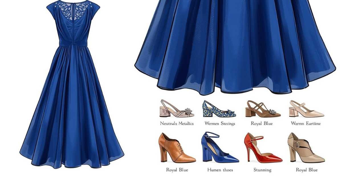 Royal blue dress styled with elegant neutral and metallic shoes