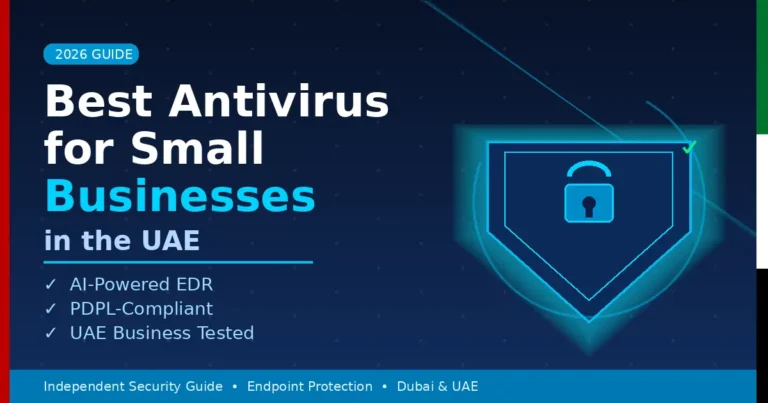 Best antivirus software for small businesses in UAE — glowing security shield with lock icon on dark blue background
