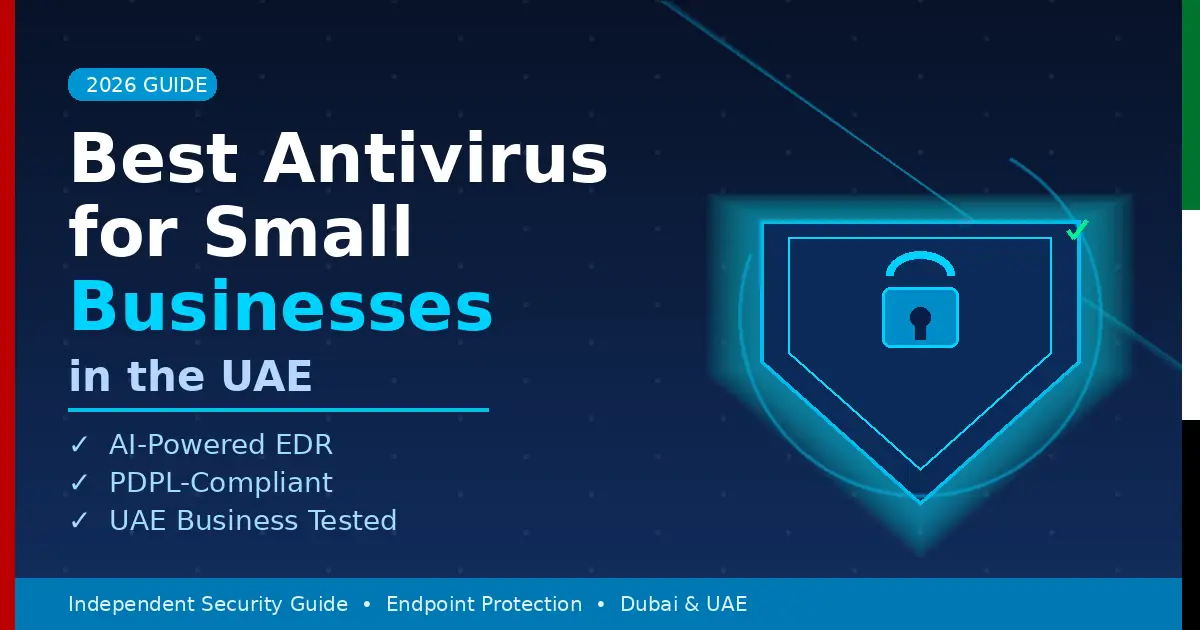 Best antivirus software for small businesses in UAE — glowing security shield with lock icon on dark blue background
