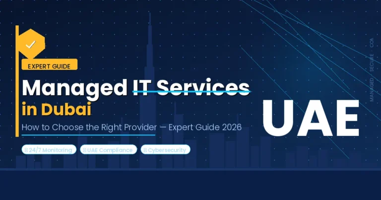 Managed IT services Dubai — professional shield icon over city skyline representing cybersecurity and IT support