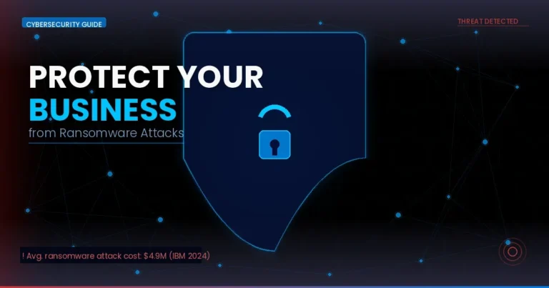 Protect business from ransomware — glowing shield with padlock on dark cybersecurity network background