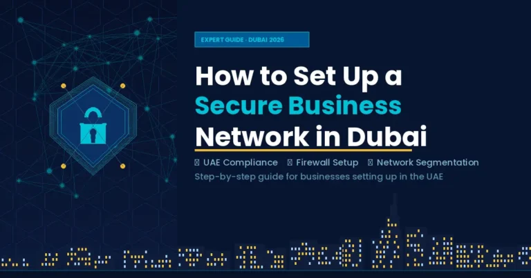 Secure business network setup in Dubai — shield, lock, and city skyline illustration