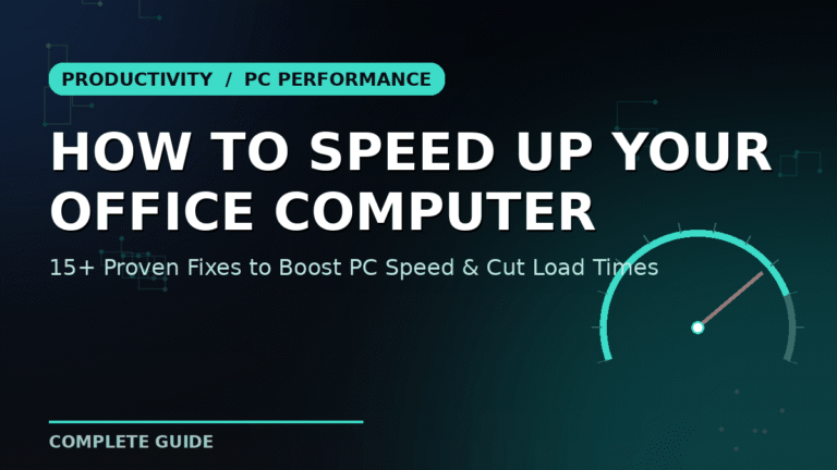 Office computer running slow with speedometer icon showing how to speed up office PC performance