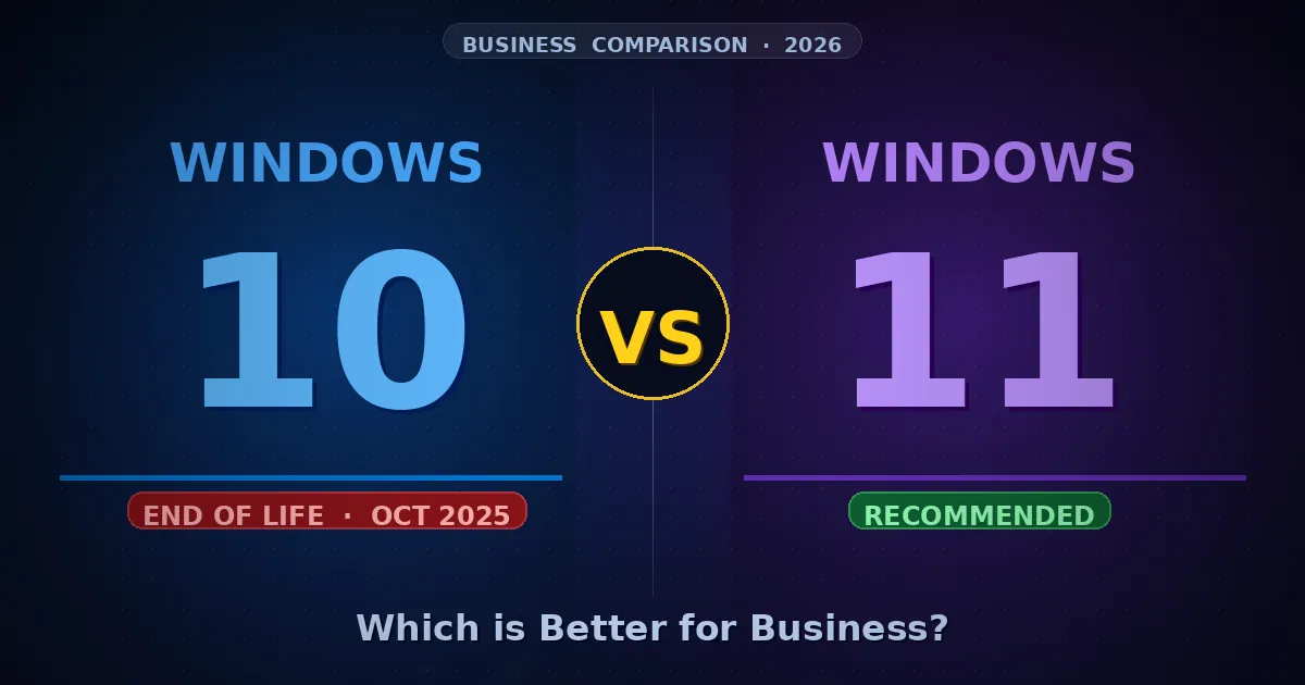 Windows 11 vs Windows 10 for business comparison — blue panel for Win10 End of Life, purple panel for Win11 Recommended
